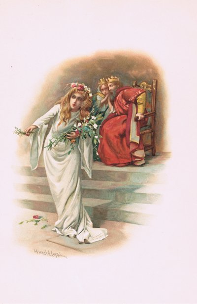 Ophelia with the king and queen, illustration from Hamlet by Harold Copping