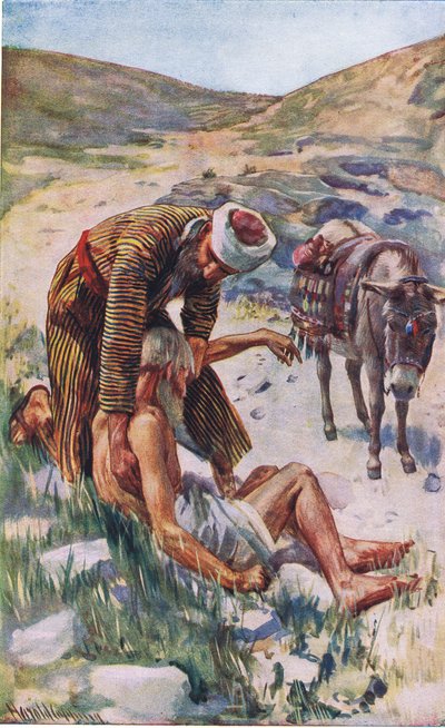 The good Samaritan, illustration from Harold Copping Pictures: The Crown Series, c.1920s by Harold Copping