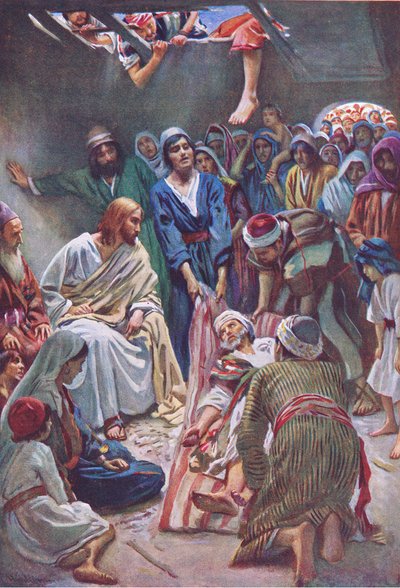 The man let down through the roof, illustration from Harold Copping Pictures: The Crown Series by Harold Copping