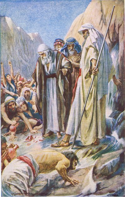The Smiting of the Rock (Illustration from Pictures That Teach The Crown Series, 1920) by Harold Copping