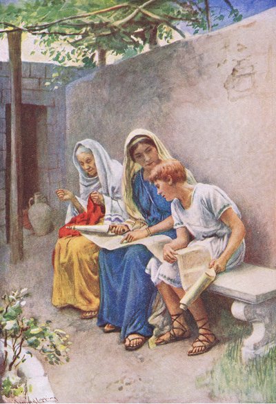 Timothy being taught the scriptures, illustration from Harold Copping Pictures: The Crown Series by Harold Copping