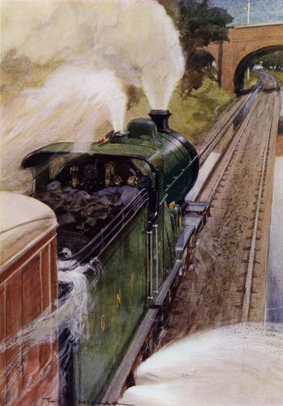 Steam locomotive on the Great Northern Railway taking up water by Harold Robert Millar