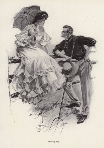 A farmer pauses in his work to flirt with a young woman by Harrison Fisher