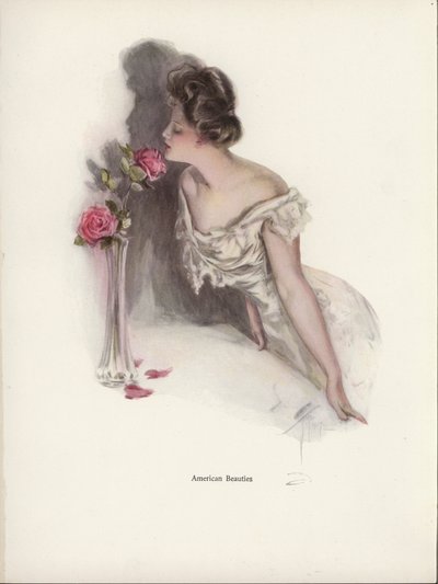 American woman smelling pink roses in a vase by Harrison Fisher