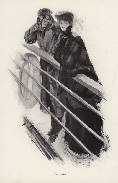 Man and woman looking out over the railings of a ship by Harrison Fisher