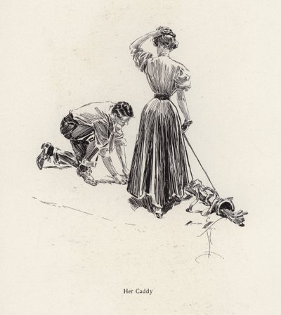 Man caddying for a woman on the golf course by Harrison Fisher