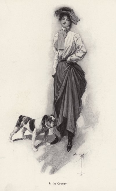 Portrait of a woman dressed for the countryside with her bulldog by Harrison Fisher