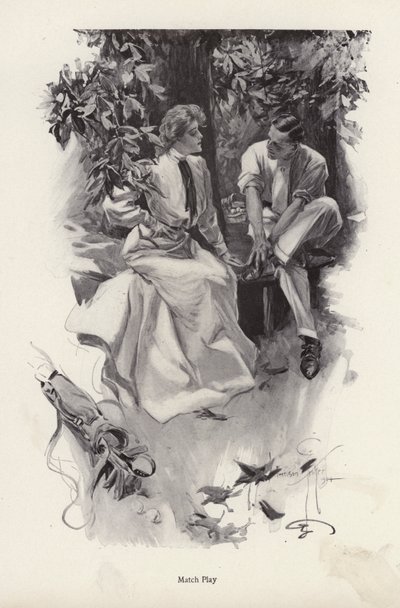 Romantic couple taking a break from their game of golf by Harrison Fisher