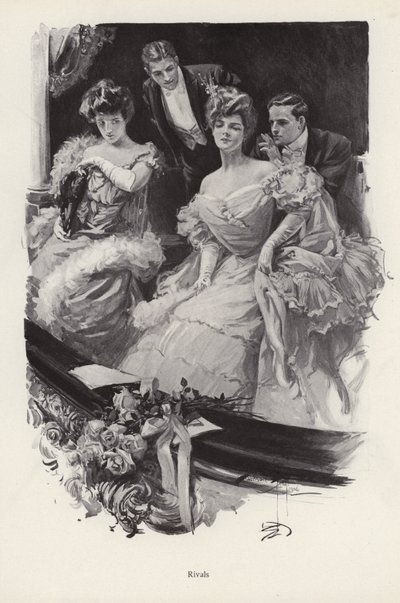 Two women in a box at the theatre in competition with each other for male attention by Harrison Fisher