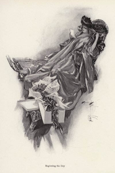 Woman receiving a bouquet of flowers from an admirer by Harrison Fisher