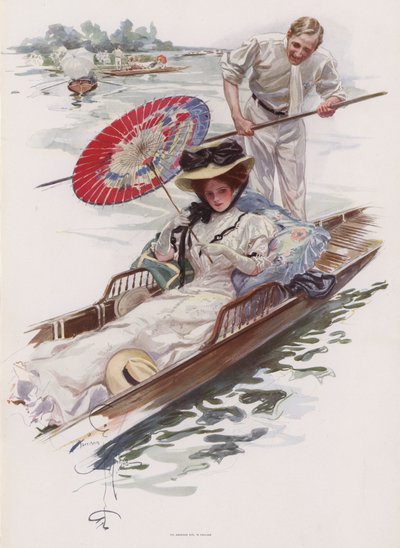 Young American woman enjoying a punt ride on an English river by Harrison Fisher