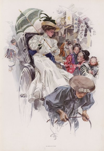 Young American woman riding in a Japanese rickshaw by Harrison Fisher