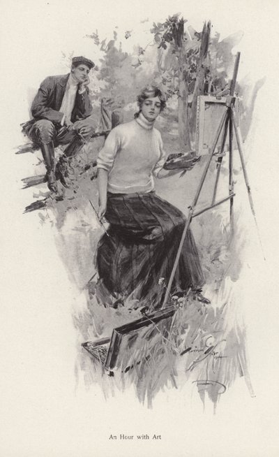 Young Woman Artist Painting in the Countryside While a Young Man Looks On by Harrison Fisher