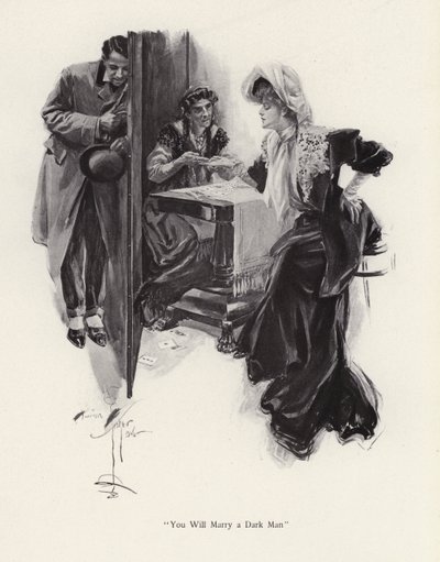 Young woman having her future told by a Gypsy by Harrison Fisher