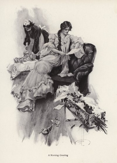Young woman receiving a bouquet of flowers and a letter from an admirer by Harrison Fisher