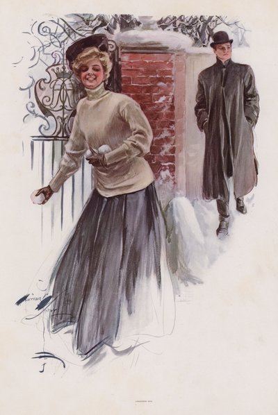 Young Woman Waiting to Throw Snowballs at a Man by Harrison Fisher