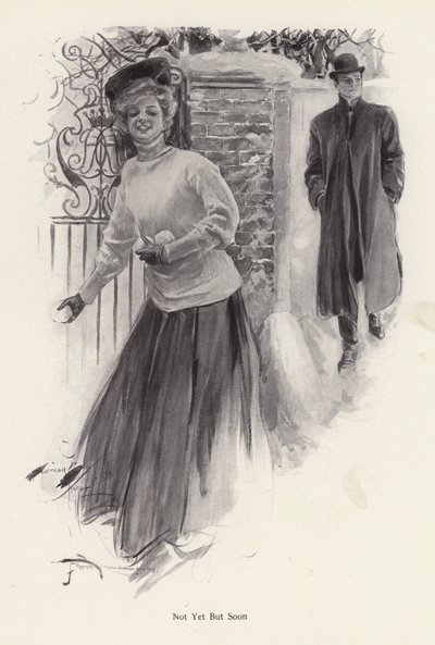 Young woman waiting to throw snowballs at a man by Harrison Fisher