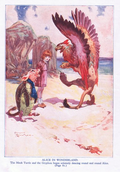 The mock turtle and Gryphon began solemnly facing round and round Alice by Harry Rountree
