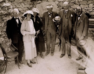 Howard Carter and a group of Europeans standing beside the excavations of the Tomb of Tutankhamun, Valley of the Kings by Harry Burton