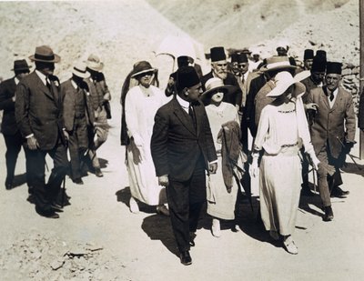 The Queen of the Belgians, Lord Allenby and Lady Allenby approaching the entrance to the Tomb of Tutankhamun, Valley of the Kings by Harry Burton