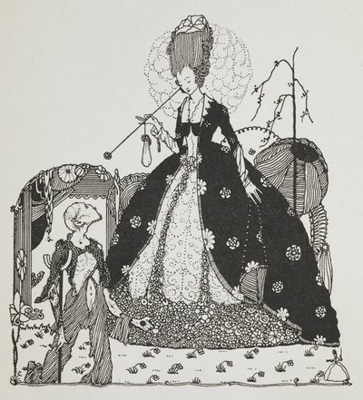 A lady looking down at a peasant, begging for money by Harry Clarke