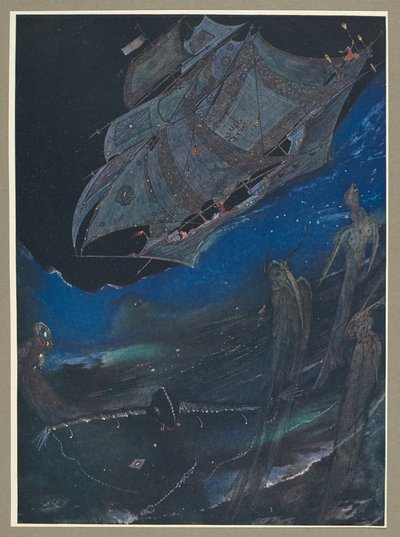 An illustration showing a ship at sea, and fish below it. by Harry Clarke