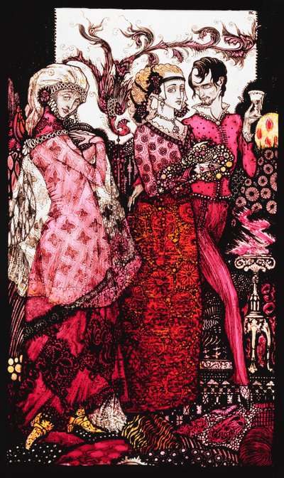 Bert the Bigfoot, Sung by Villon. Queens, nine glass panels acided, stained and painted, Illustrating J.M. Synge