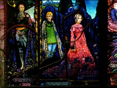 Detail from the Geneva Window showing The Dreamers by Lennox Robinson and Countess Cathleen by W.B. Yeats by Harry Clarke