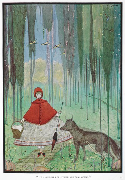 He asked her whither she was going. Red Riding Hood meets the wolf, in a forest. by Harry Clarke