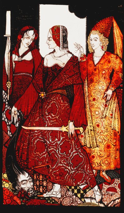 Queens who cut the hogs of Glanna. Queens, nine glass panels acided, stained and painted, Illustrating J.M. Synge