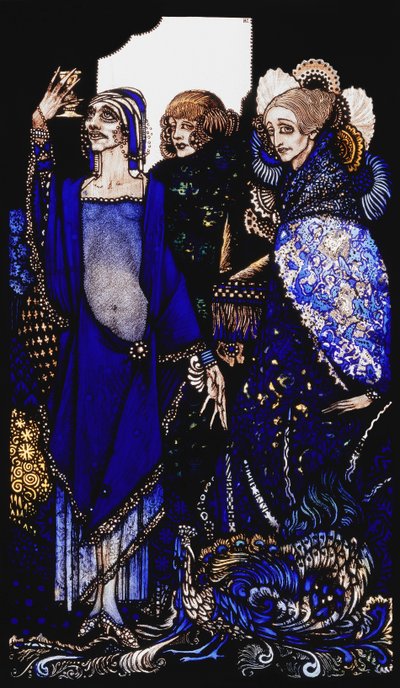Queens who wasted the East by proxy. Queens, nine glass panels acided, stained and painted, Illustrating J.M. Synge
