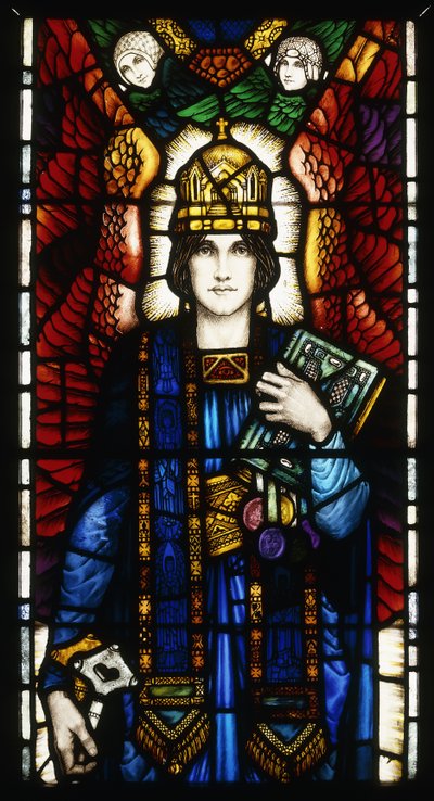 St. Peter, a stained glass panel, depicting the winged youthful St. Peter wearing a mitre, and holding symbolic keys and book, with a pair of attendant angels by Harry Clarke