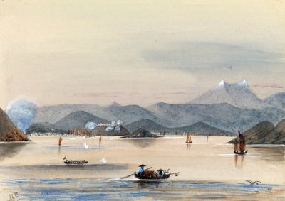 The HMS Tribune finding its way on the Chuenpee River in Canton (China), with rowing boats and Chinese junks by Harry Edmond Edgell