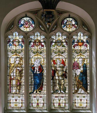 Oxford, Brasenose College Chapel, James Powell & Sons, Harry Ellis Wooldridge, St Cedda, Madonna & Child, St Michael, St Hugh by Harry Ellis Wooldridge