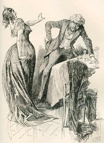 Edith and Mr. Carker. "He was coming gaily towards her, when, in an instant, she caught the knife up from the table, and started one pace back. "Stand still," she said, "or I shall murder you!" Illustration by Harry Furniss for the Charles Dickens Novel by Harry Furniss