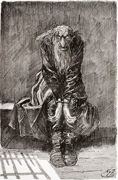 Fagin in the Condemned Cell. " He sat down on a stone bench opposite the door, which served for a seat and bedstead, and casting his bloodshot eyes upon the ground, tried to collect his thoughts. " Illustration by Harry Furniss for the Charles Dickens nove by Harry Furniss