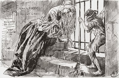 Lady Dedlock and Jo. "He was put there," says Jo, holding to the bars and looking in, while Lady Dedlock shrinks into a corner. Illustration by Harry Furniss for the Charles Dickens novel Bleak House, from The Testimonial Edition, published 1910 by Harry Furniss