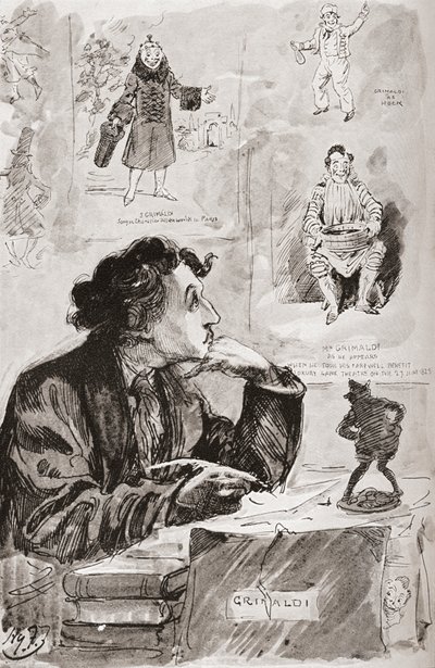 Memories of Grimaldi. Illustration by Harry Furniss for the Charles Dickens novel Memoirs of Joseph Grimaldi, from The Testimonial Edition published 1910 by Harry Furniss