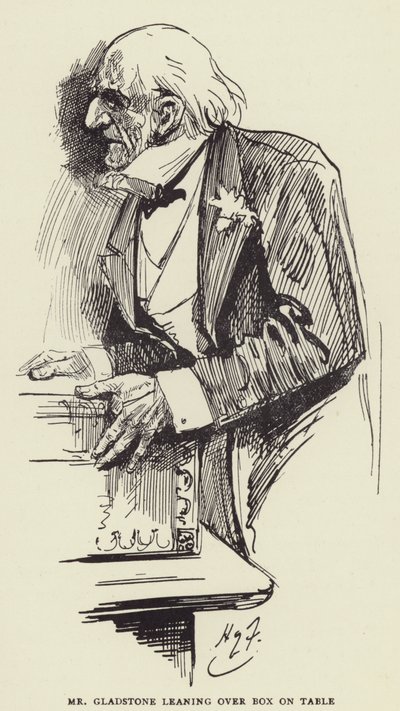 Mr Gladstone Leaning Over Box on Table by Harry Furniss