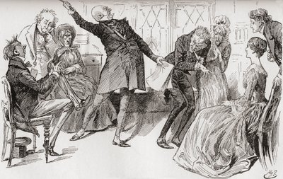 Mr. Micawber Achieves the Downfall of Heep. "The triumphant flourish with which Mr. Micawber delivered himself of the words, had a powerful effect in alarming the mother, who cried out in much agitation, 