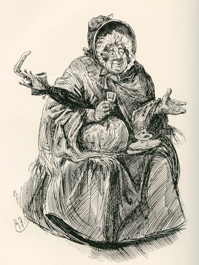 Mrs. Gamp. Illustration by Harry Furniss for the Charles Dickens Novel Martin Chuzzlewit, from The Testimonial Edition, Published 1910. by Harry Furniss