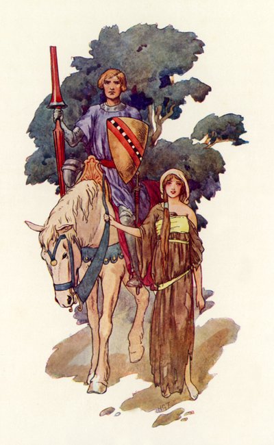 A Knight with a maiden in rags at his side by Harry George Theaker