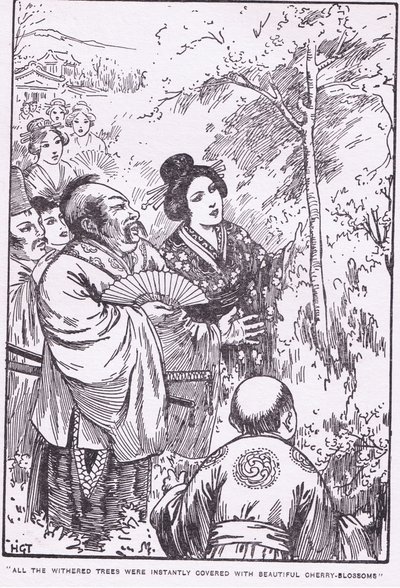 All the withered trees were instantly covered with beautiful cherry blossom (The Old Man who made Withered Trees Blossom) by Harry George Theaker