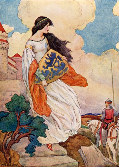The Princess Iseult with the shield of Sir Tristram of Lyonesse by Harry George Theaker