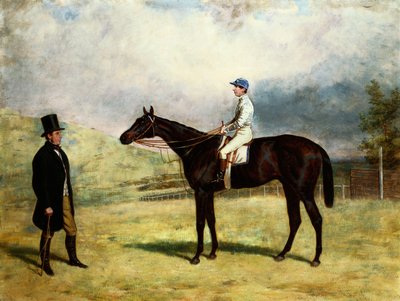 A Gentleman by His Racehorse with Jockey Up on a Racecourse by Harry Hall
