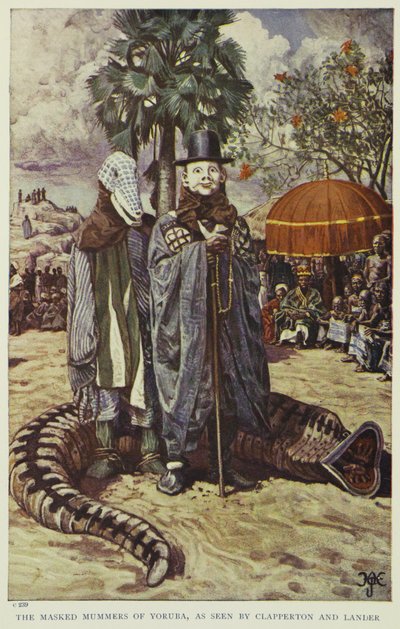 The masked mummers of Yoruba, as seen by Clapperton and Lander, illustration from "Pioneers of West Africa", 1912 by Harry Hamilton Johnston