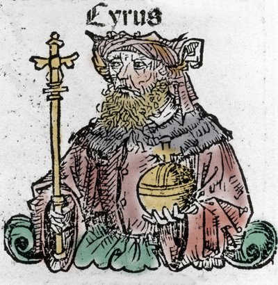 Cyrus II (529 BC), known as Cyrus the Great, founder of the Persian Empire, Xylography of 