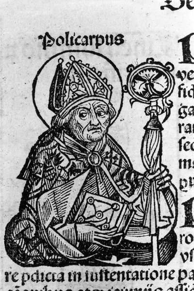 Portrait of Saint Polycarp of Smyrna, Bishop. Engraving from Chronicles of Nuremberg by Schedel Hartmann by Hartmann Schedel