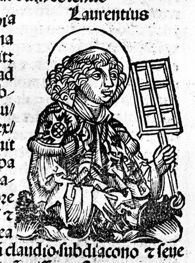 Saint Laurent holding in his hand the grill, an instrument of his martyrdom. Engraving from the “Liber Chronicarum by Hartmann Schedel” by Hartmann Schedel