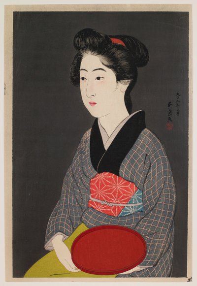 Waitress Holding a Tray (Portrait of Onao, a Maid at the Matsuyoshi Inn, Kyoto) by Hashiguchi Goyô